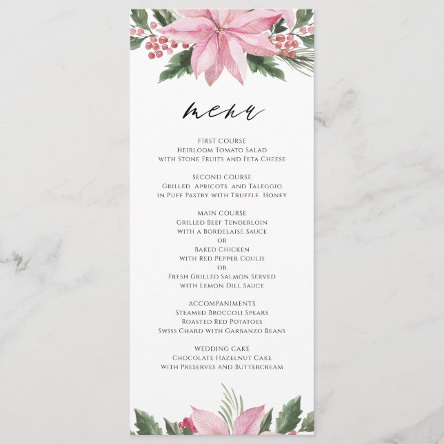 Menu Aquarelle rose Poinsettia Floral Mariage d'hiver (Devant)