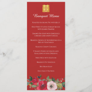 Menu Aquarelle rose rouge floral moderne mariage chinoi