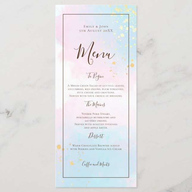 Menu Aquarelle rose Turquoise or Confetti Mariage (Devant)