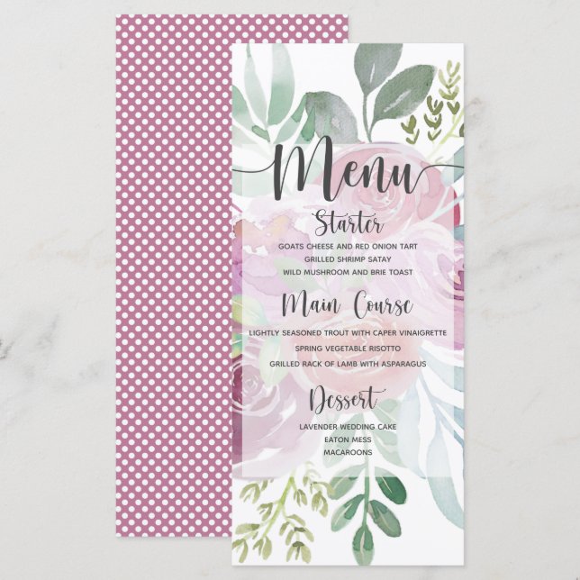 Menu Aquarelle rustique Dusty Rose & Mariage Bourgogne (Devant / Derrière)