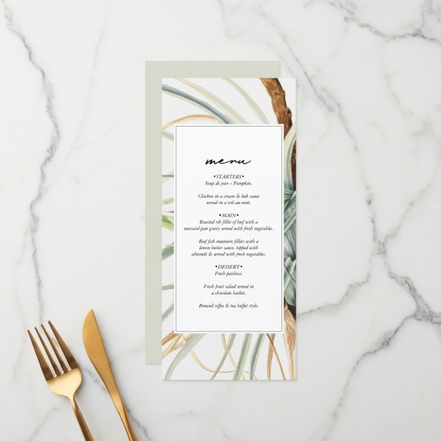 Menu Aquarelle Rustique Neutral Boho Mariage botanique (Devant/Arrière en situation)