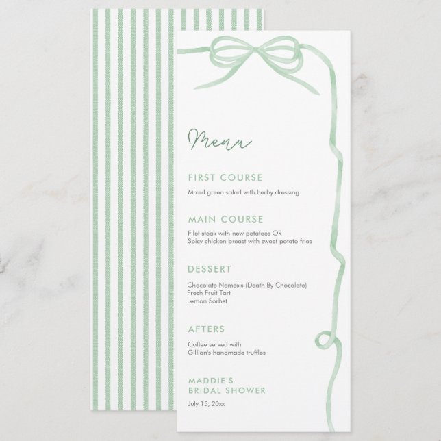 Menu Aquarelle Sage Green Bow Fête des mariées individu (Devant / Derrière)