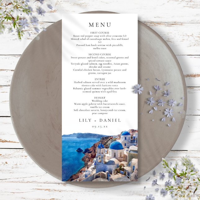 Menu Aquarelle Santorini Grèce Destination Mariage (Watercolor Santorini Greece Destination Wedding Menu)
