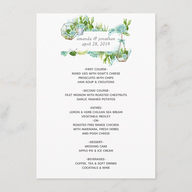 Menu Aquarelle Terrarium en verre Mariage (Devant)
