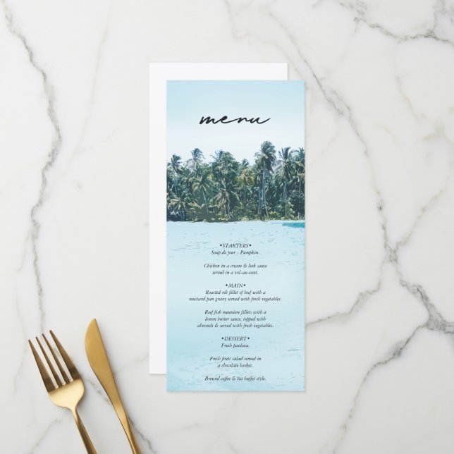 Menu Aquarelle tropicale Palms & Mariage de plage (Devant/Arrière en situation)