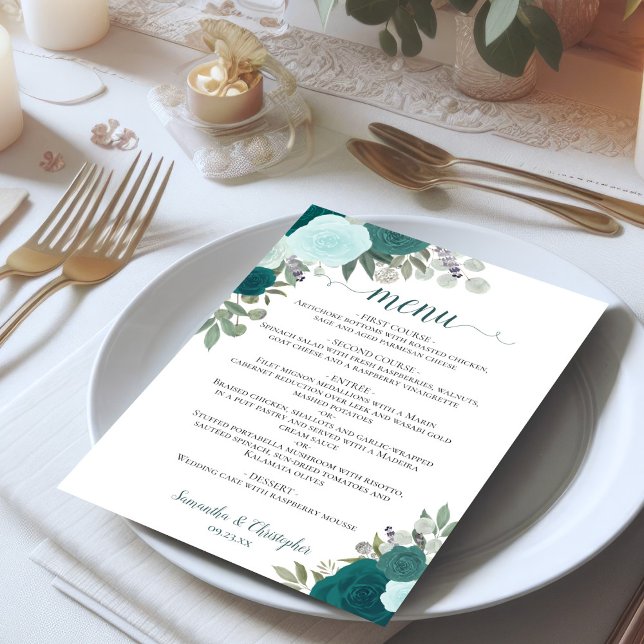 Menu Aquarelle turquoise Floral Elegant Boho Mariage (Créateur téléchargé)
