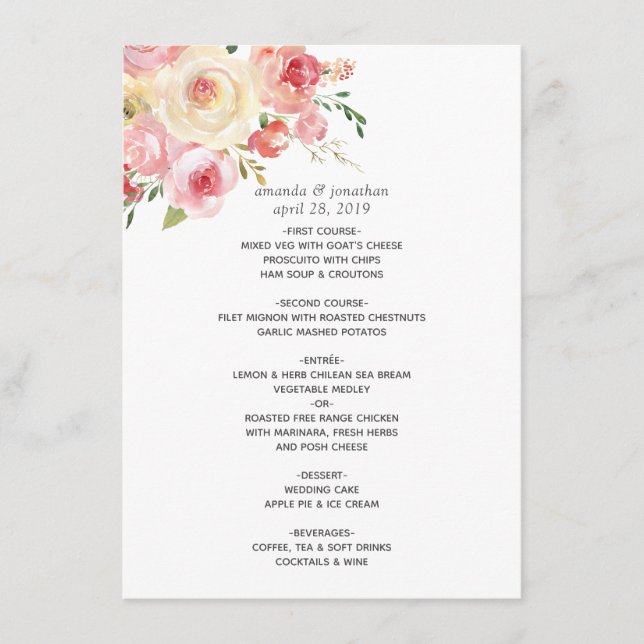 Menu Aquarelle vert clair et gris Mariage floral (Devant)