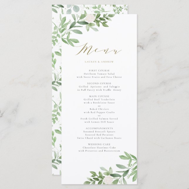Menu Aquarelle vert et fleurs blanches Mariage (Devant / Derrière)