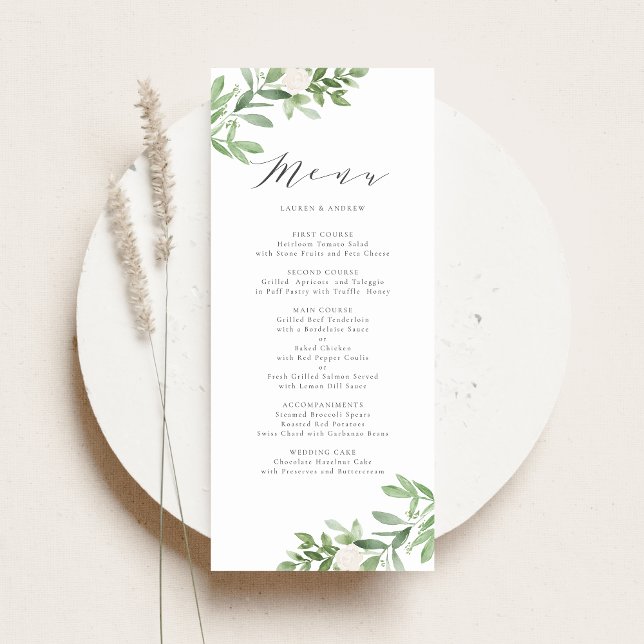 Menu Aquarelle vert et fleurs blanches Mariage (Customizable botanical menu card featuring greenery and white flowers)