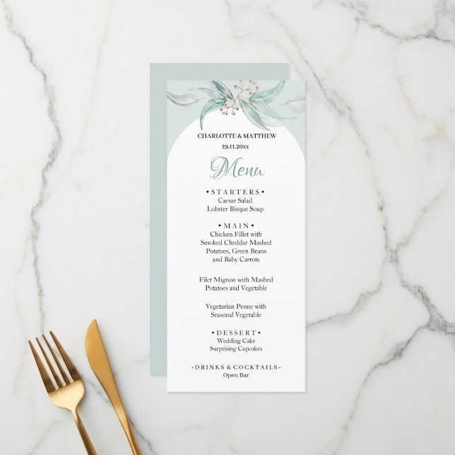 Menu Aquarelle verte à la menthe Eucalyptus peinte à la (Devant/Arrière en situation)