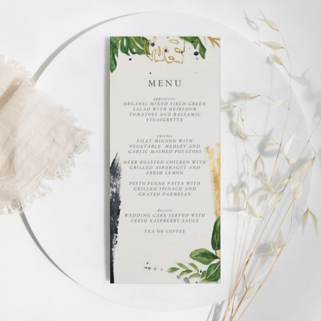 Menu Aquarelle verte et or Mariage tropical (Green & Gold Watercolor Tropical Wedding Menu)