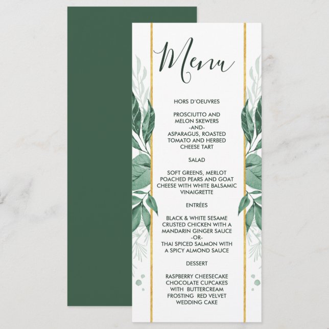 Menu Aquarelle Wild Feuilles Hunter Mariage vert (Devant / Derrière)