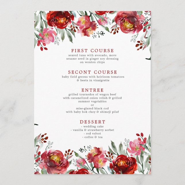 Menu Aquarelles Fleurs de Jardin rouge profond (Devant)