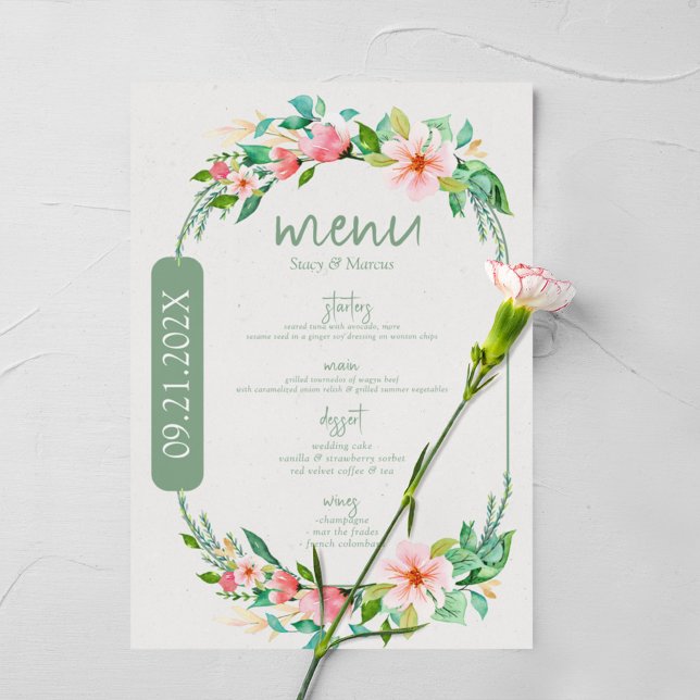 Menu Aquarelles Floral Wreath Calligraphie personnalisé (Créateur téléchargé)