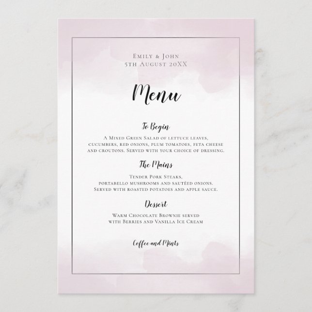 Menu Aquarelles rose vif Mariage de script noir (Devant)