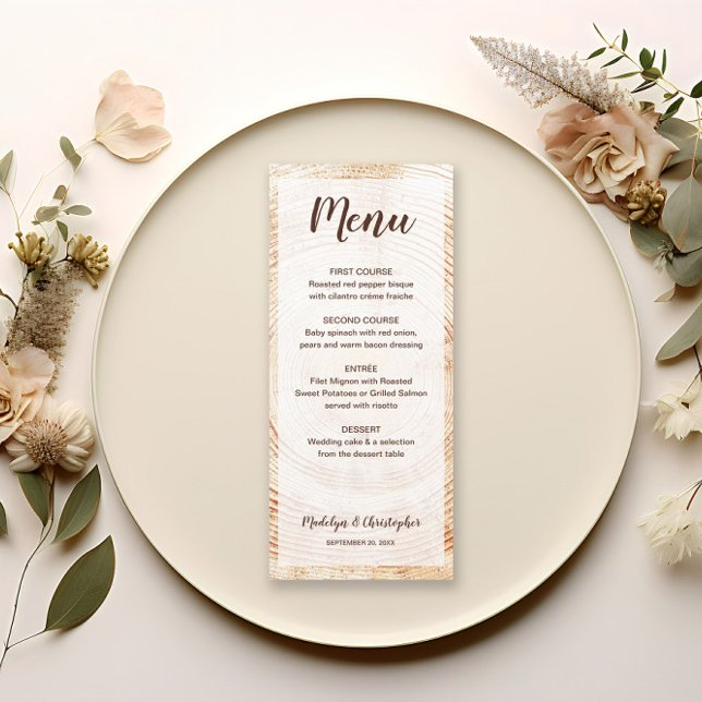 Menu Arbre Mariage rustique Grain de bois sur mesure (Rustic wood texture background wedding menu with script. Customizable food courses.)