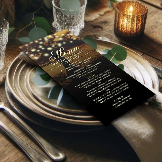 Menu Arbre rustique avec cordes de lumière Mariage (On Plate)