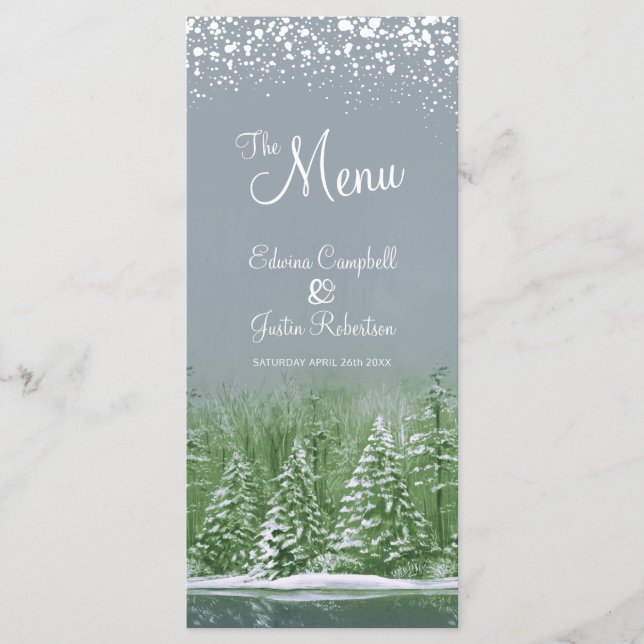 Menu Arbres verts gris peints mariage d'hiver (Devant)