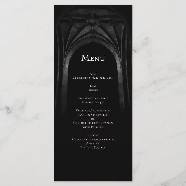 Menu Arc gothique Mariage élégant Noir et Blanc foncé (Devant)