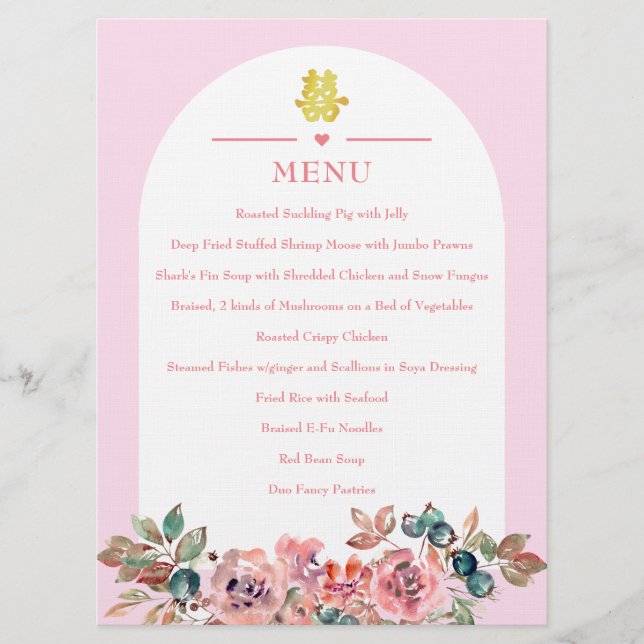Menu Arche fleurie rose blanc mariage chinois double xi (Devant)