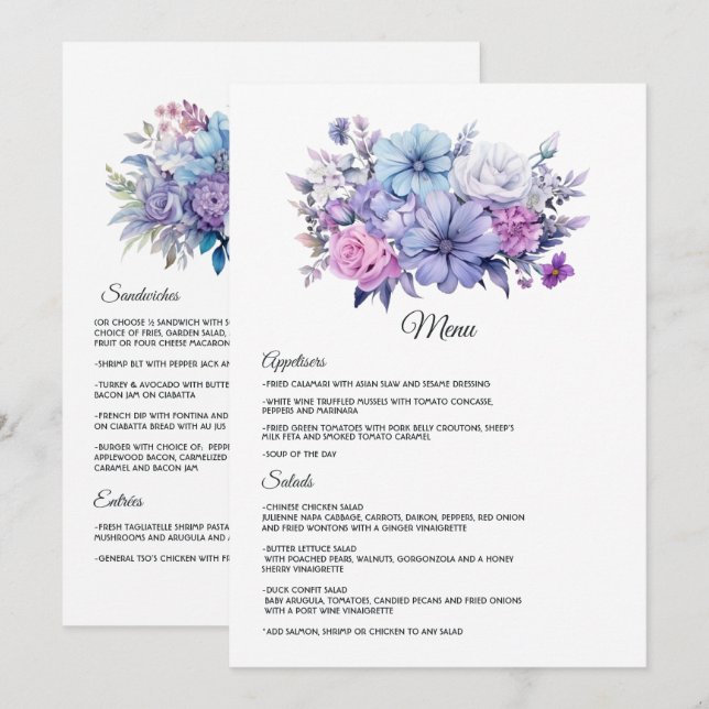 Menu Argent, bleu Icy et Mariage floral Lilac (Devant / Derrière)