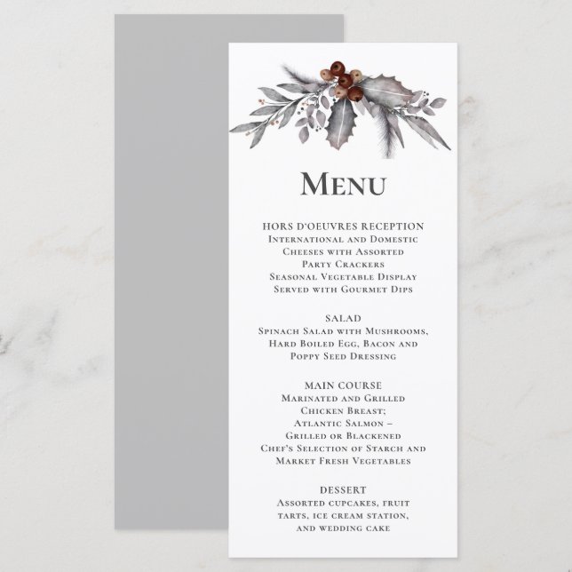 Menu Argent, Gris, Rusty Brown Mariage botanique d'hive (Devant / Derrière)