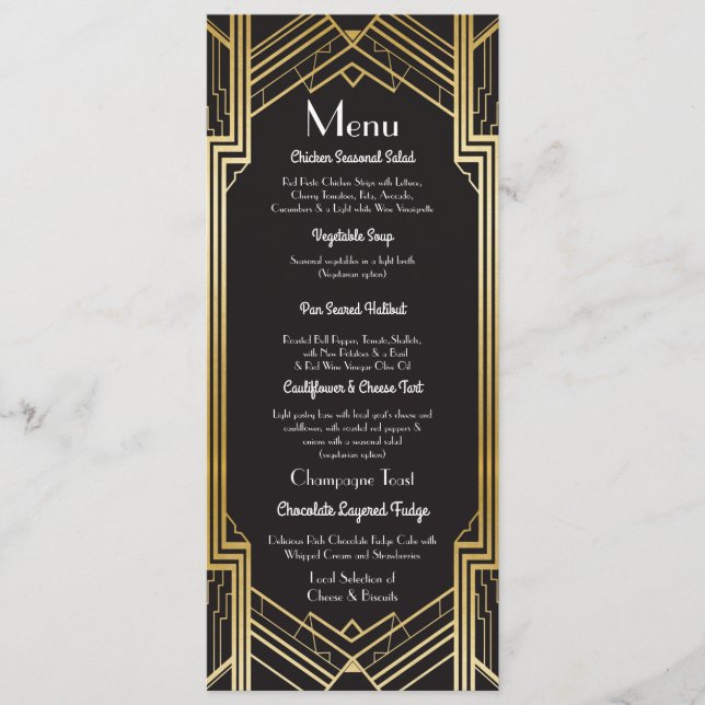 Menu Art déco des années 1920 de réception de mariage (Devant)