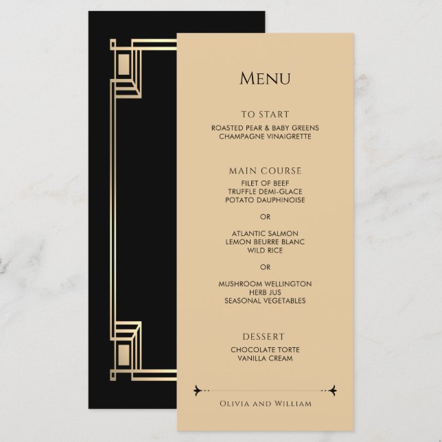 Menu Art Deco Elegant Gold Frame Wedding (Devant / Derrière)