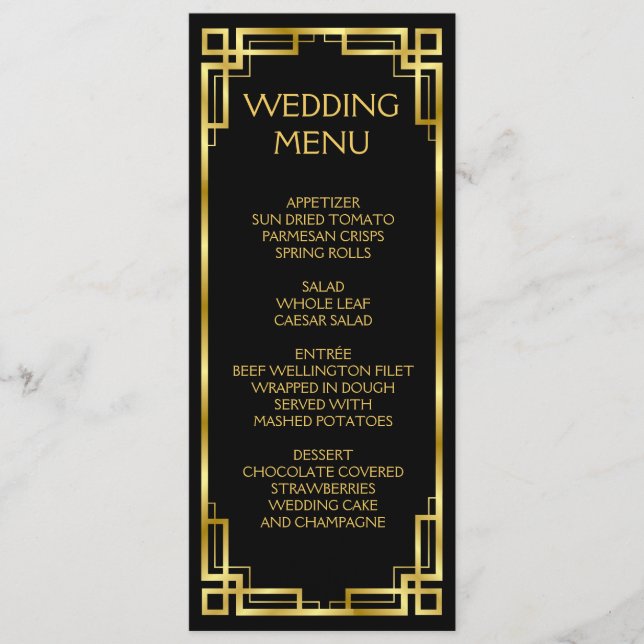Menu Art Déco Noir Et Or Pour Le Mariage (Devant)