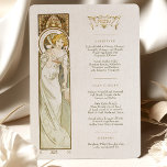 Menu Art Nouveau Wedding Dinner by Mucha Invitation<br><div class="desc">Add a touch of elegance and sophistication to your wedding reception with this Art Nouveau Wedding Menu. The watercolor artwork features one of Mucha's Muses holding a glass of champagne, creating a sense of luxury and celebration. The Art Nouveau style is characterized by its flowing lines and floral motifs, making...</div>