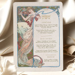 Menu Art Nouveau Wedding Dinner by Mucha Invitation<br><div class="desc">Add a touch of elegance and sophistication to your wedding reception with this Art Nouveau Wedding Menu. The watercolor artwork features one of Mucha's Muses holding a glass of champagne, creating a sense of luxury and celebration. The Art Nouveau style is characterized by its flowing lines and floral motifs, making...</div>