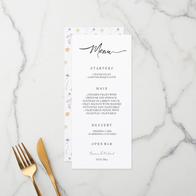 Menu Artisan Fairy Jardin Floral Aquarelle (Devant/Arrière en situation)