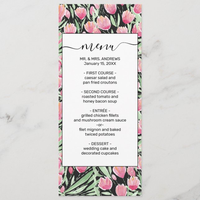 Menu Artsy rose Tulips Noir Floral Aquarelle (Devant)