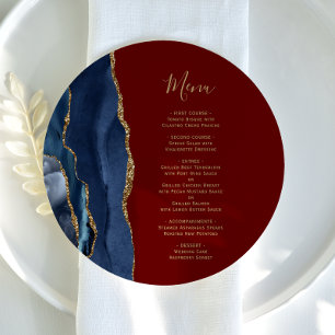 Menu Assiette ronde mariage bleu marine or agate bordea