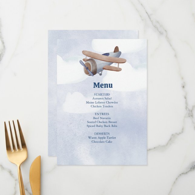 Menu Atterrissage Bientôt Blue Boy Baby shower d'avion (Devant/Arrière en situation)