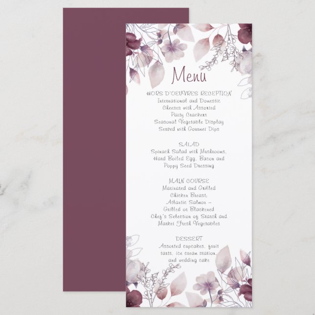 Menu Aubergine, Purple Dusty, Floral Rose Mauve (Devant / Derrière)