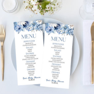 Menu Baby shower à fleurs bleu poussiéreux