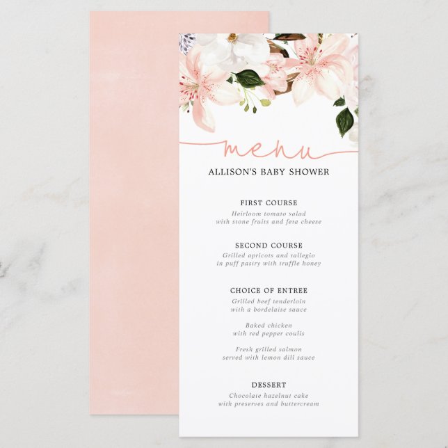 Menu baby shower à fleurs de lys floraux (Devant / Derrière)