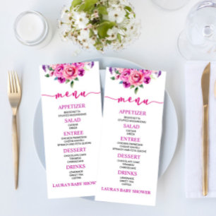 Menu Baby shower à fleurs violet et rose