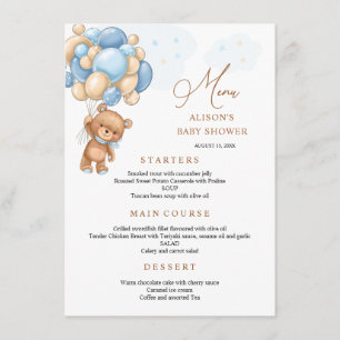Menu Baby shower Bear Blue Balloons