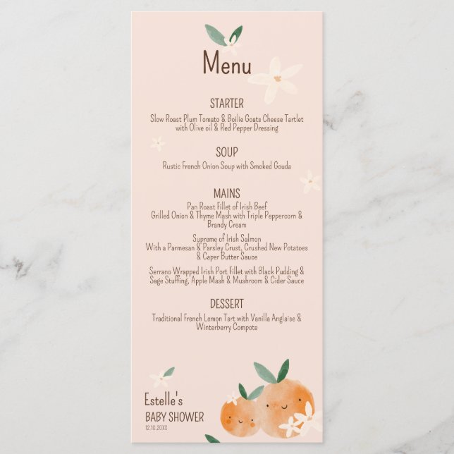 Menu Baby shower botanique Little Cutie Orange Citrus (Devant)
