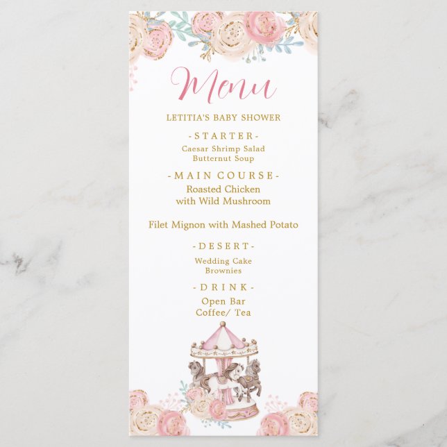 Menu Baby shower carrousel magique rose et or (Devant)
