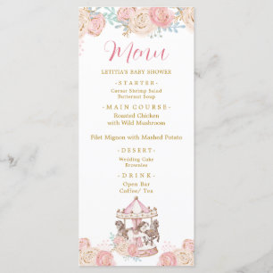 Menu Baby shower carrousel magique rose et or