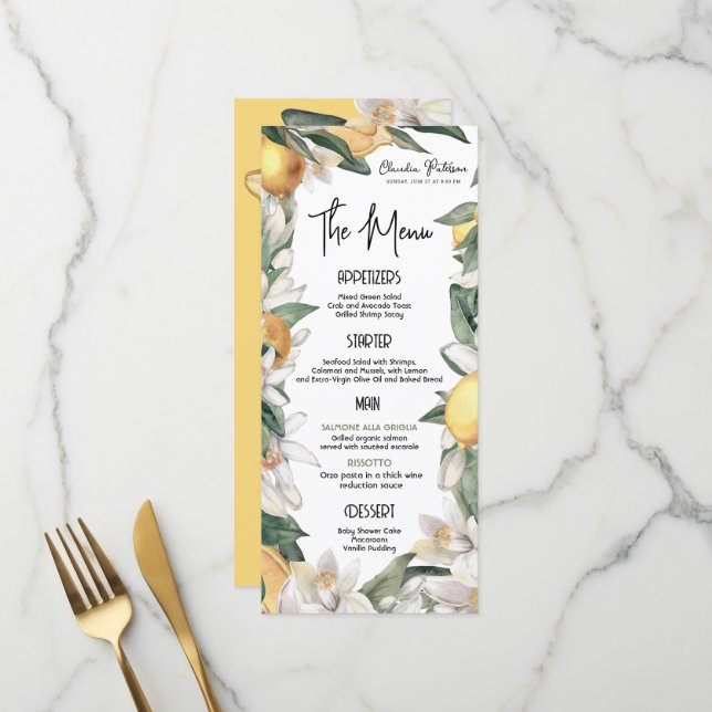 Menu Baby shower d'aquarelle florale Citrus Lemon (Devant/Arrière en situation)