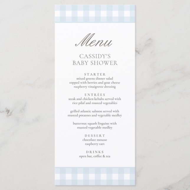 Menu Baby shower de garçon classique En vichy bleu (Devant)