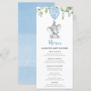 Menu baby shower éléphant bleu et ballons
