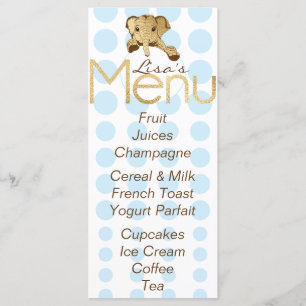 Menu Baby shower Eléphant Or Bleu