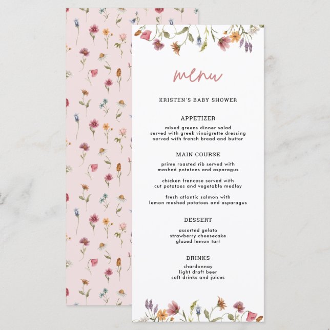 Menu Baby shower fille Fleur sauvage Spring (Devant / Derrière)