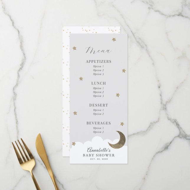 Menu Baby shower gris Twinkle Little Star Moon (Devant/Arrière en situation)