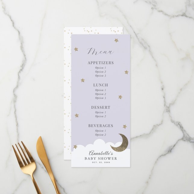 Menu Baby shower Lilac Twinkle Little Star Moon (Devant/Arrière en situation)